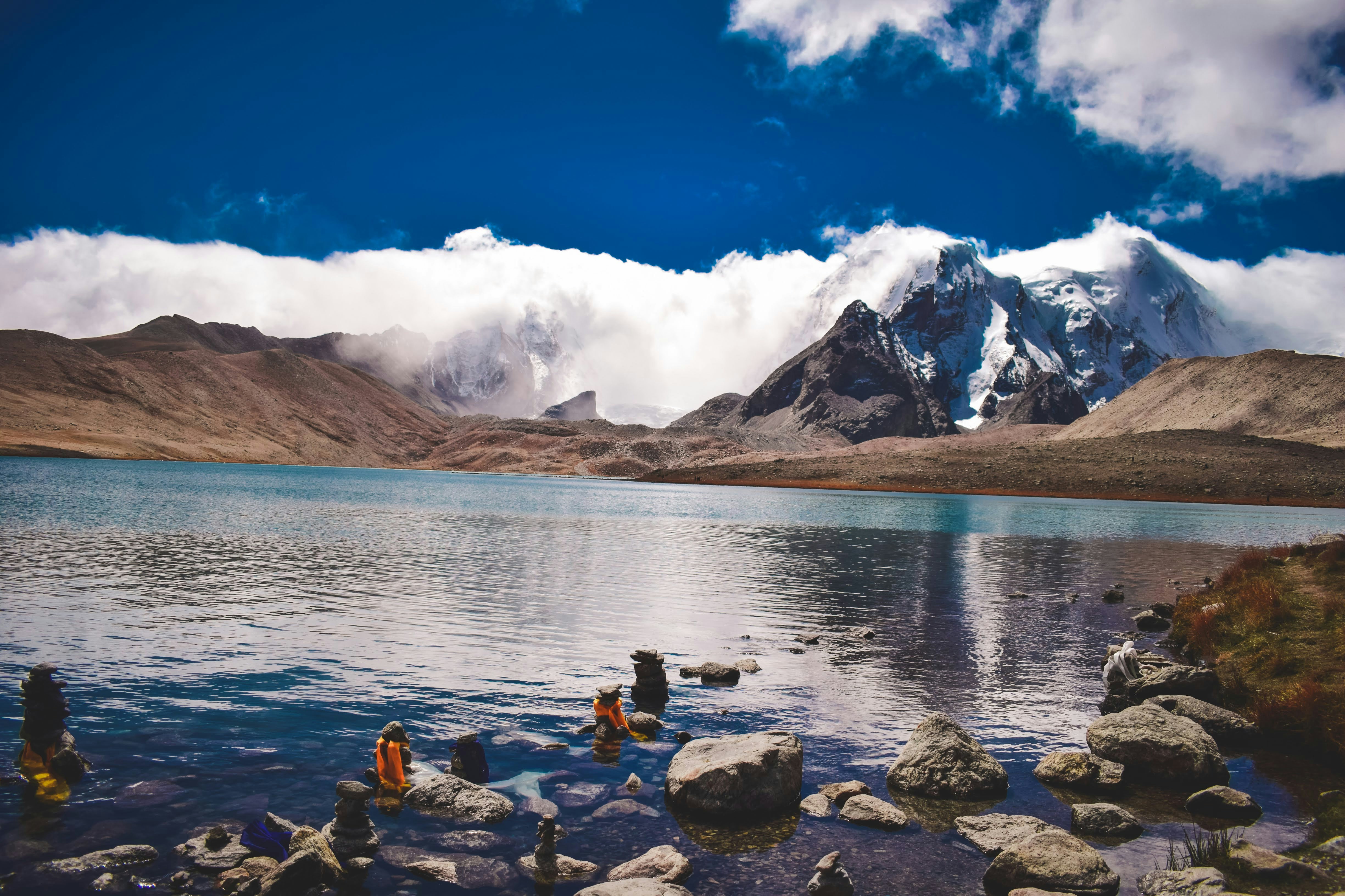Sacred Gurudongmar Lake with snow-capped peaks reflection